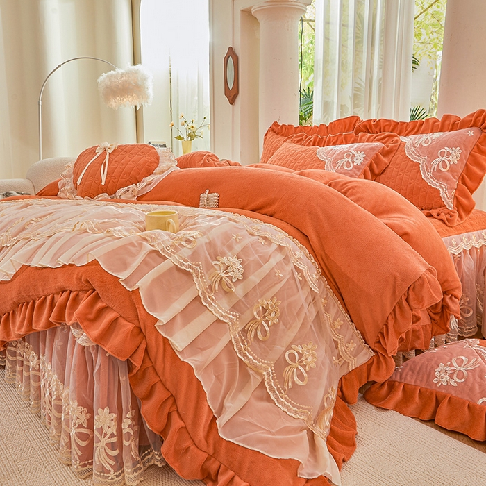 91家纺网 家纺一手货源 找家纺 2024新款加厚牛奶绒蕾丝刺绣床裙四件套-莫奈花园系列 莫奈花园-爱玛橙