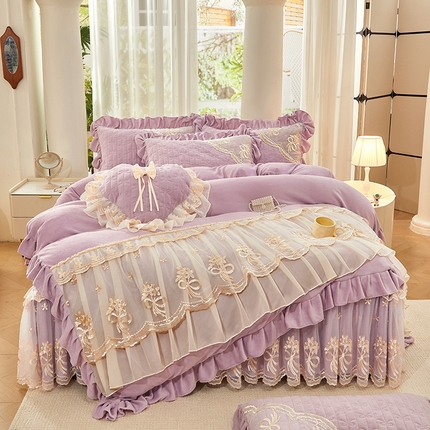 2024新款加厚牛奶绒蕾丝刺绣床裙四件套-莫奈花园系列 莫奈花园-甜紫
