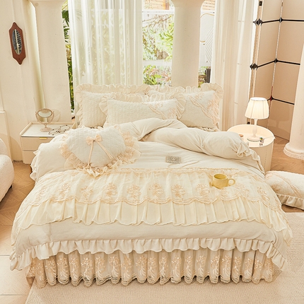 2024新款加厚牛奶绒蕾丝刺绣床裙四件套-莫奈花园系列 莫奈花园-奶昔