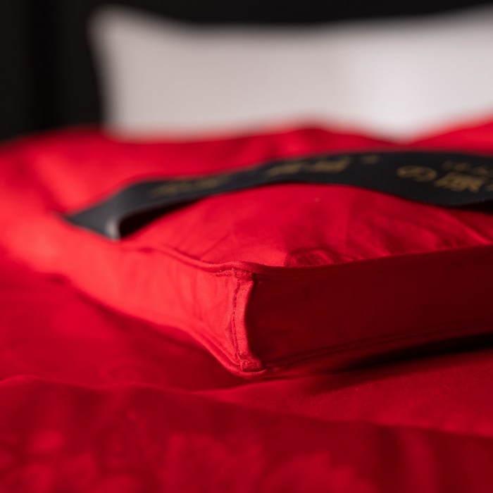 91家纺网 家纺一手货源 找家纺 （总）厂家供应婚庆大提花羽绒被被壳 大红色双喜自充绒鹅被壳半成品被