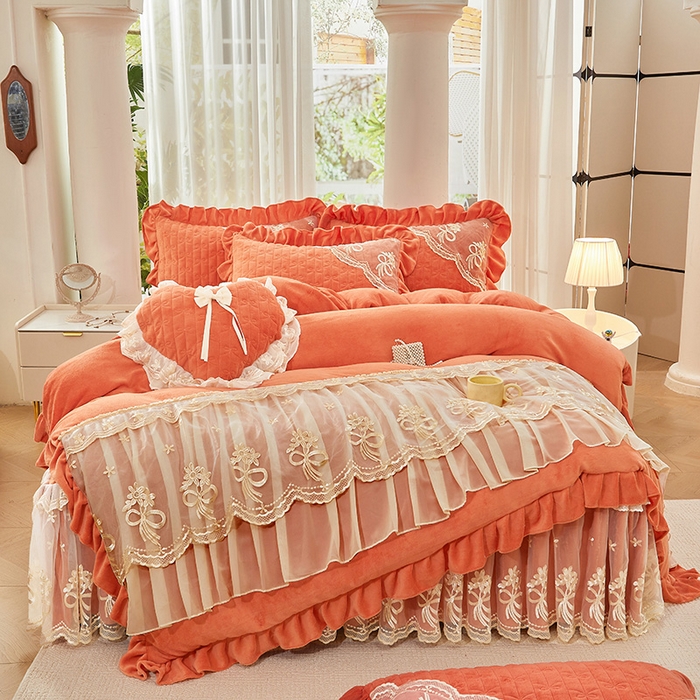 91家纺网 家纺一手货源 找家纺 2024新款加厚牛奶绒蕾丝刺绣床裙四件套-莫奈花园系列 莫奈花园-爱玛橙