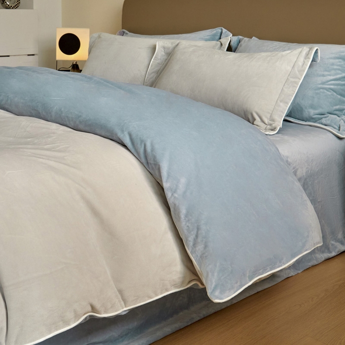 91家纺网 家纺一手货源 找家纺 万盛家纺 2025新款德芙绒牛奶绒法莱绒水晶绒双拼四件套 藕灰-云水蓝