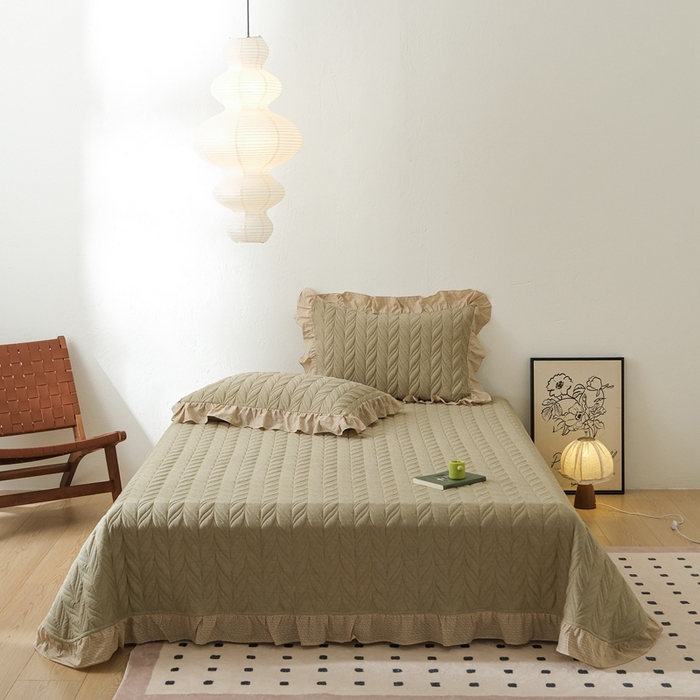 91家纺网 家纺一手货源 找家纺 上喜 热卖树叶款春秋被床盖三件套 绿色