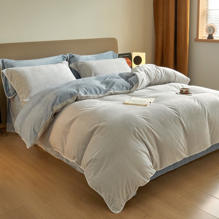 91家纺网 家纺一手货源 找家纺 万盛家纺 2025新款德芙绒牛奶绒法莱绒水晶绒双拼四件套 藕灰-云水蓝