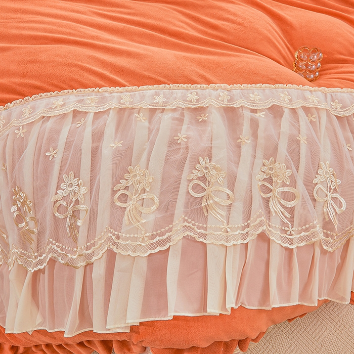 91家纺网 家纺一手货源 找家纺 2024新款加厚牛奶绒蕾丝刺绣床裙四件套-莫奈花园系列 莫奈花园-爱玛橙