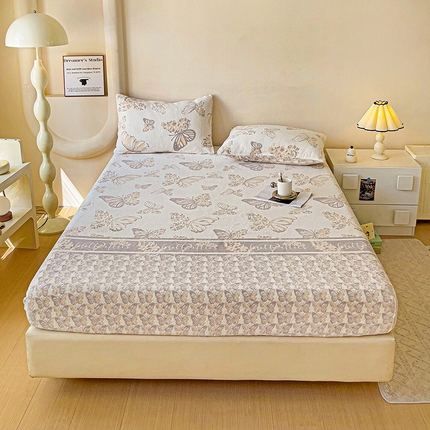 漫时光 2025新款牛奶绒烂花床笠 蝶中蝶黄灰