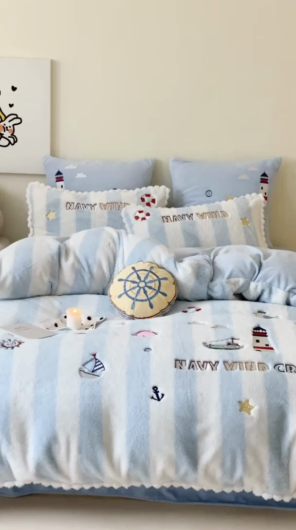 91家纺网 家纺一手货源 找家纺 （总）星野 2024新款高克重牛奶绒四件套-绒蓝色海洋