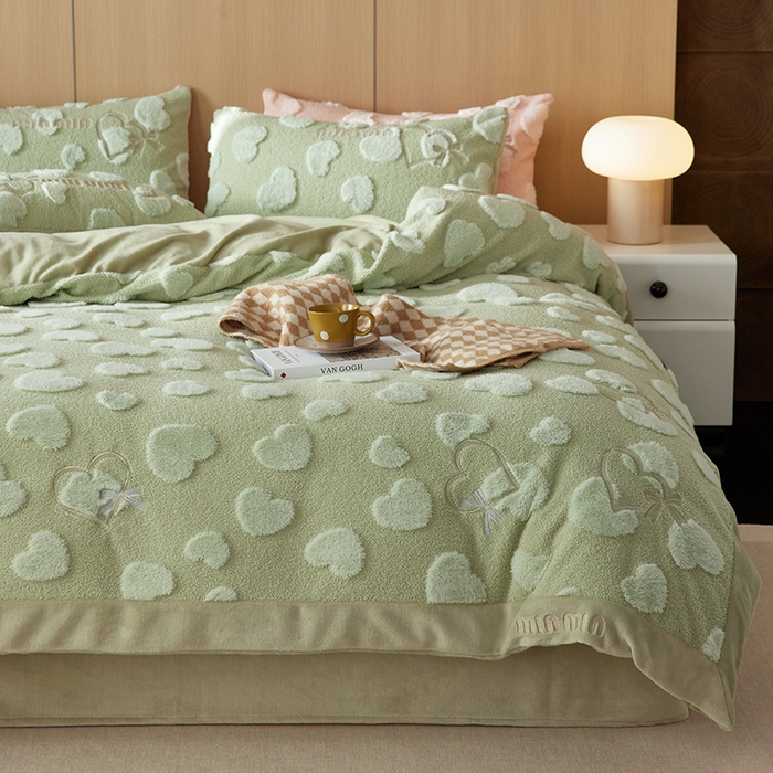 91家纺网 家纺一手货源 找家纺 安莱生活 2024新款minmin泰迪绒立体提花爱心四件套 爱心绒-薄荷绿