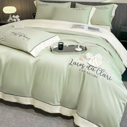 娜娜 2024新款全棉时尚刺绣AB版双拼宽边绣花四件套--蝴蝶结系列 蝴蝶结-灰绿+奶昔白