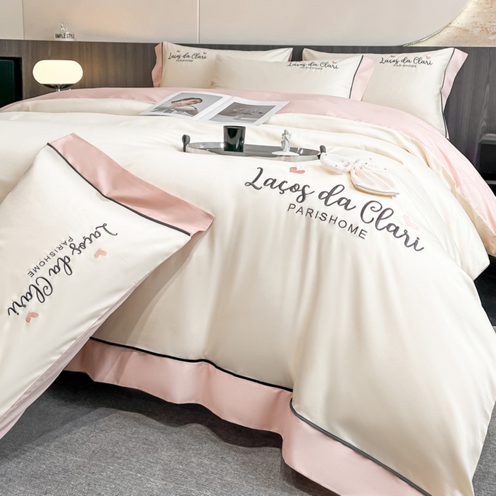 91家纺网 家纺一手货源 找家纺 娜娜 2024新款全棉时尚刺绣AB版双拼宽边绣花四件套--蝴蝶结系列 蝴蝶結-奶昔白+粉