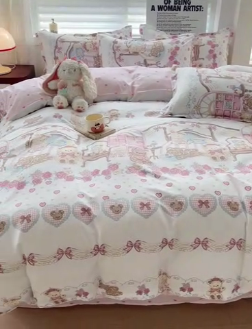 91家纺网 家纺一手货源 找家纺 楠沐家纺 （套件）2025新款亲肤芦荟棉美棉磨毛印花四件套(第二批) 爱心萝莉熊