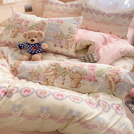 91家纺网 家纺一手货源 找家纺 （总）优承佳生活馆 2024新款小清新洛丽塔风格卡通印花水洗m三件套四件套
