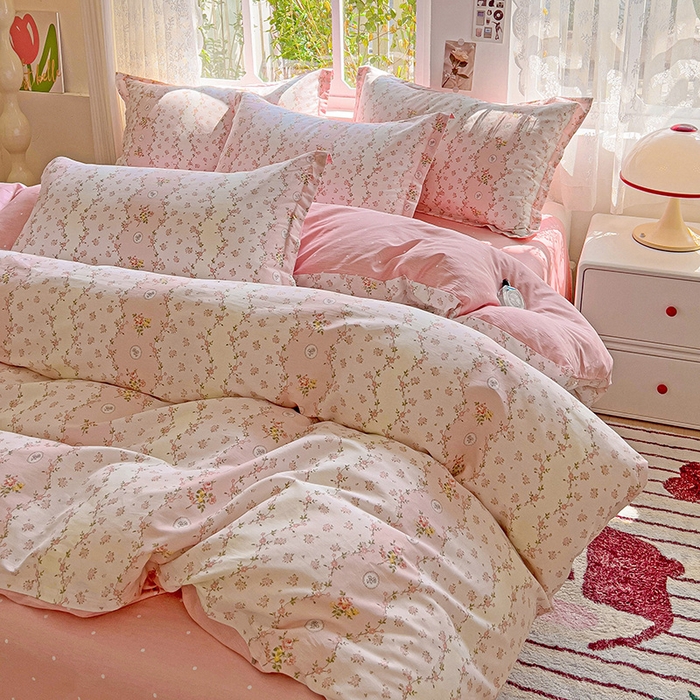 91家纺网 家纺一手货源 找家纺 卡普纯棉全棉四件套13070喷气床单款床笠款三件套 花间赋