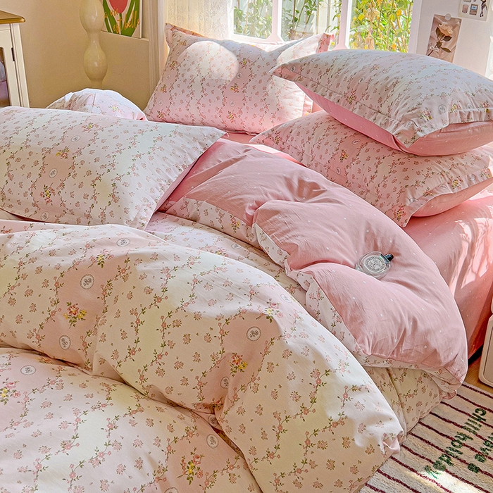 91家纺网 家纺一手货源 找家纺 卡普纯棉全棉四件套13070喷气床单款床笠款三件套 花间赋