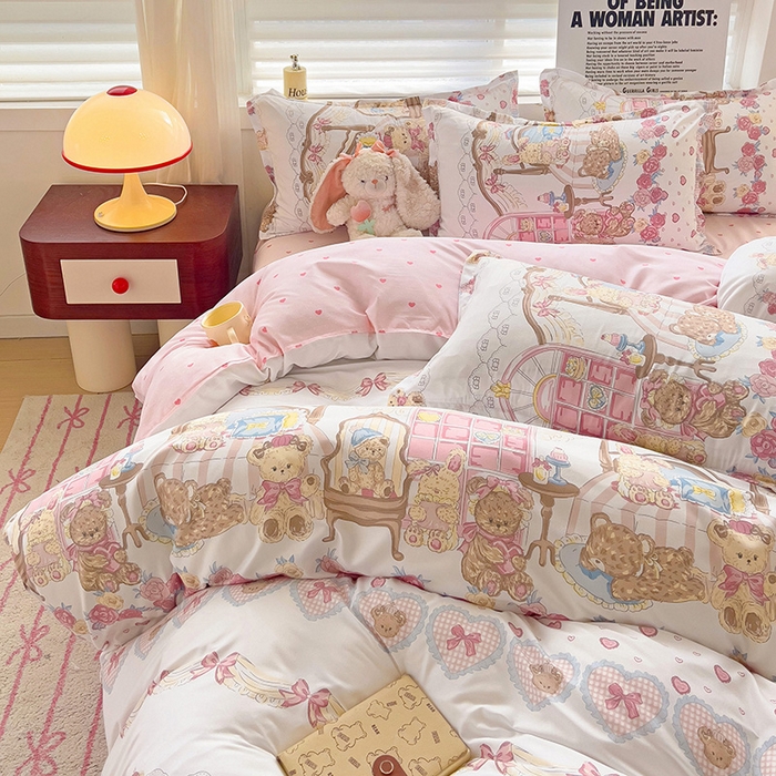 91家纺网 家纺一手货源 找家纺 楠沐家纺 （套件）2025新款亲肤芦荟棉美棉磨毛印花四件套(第二批) 爱心萝莉熊