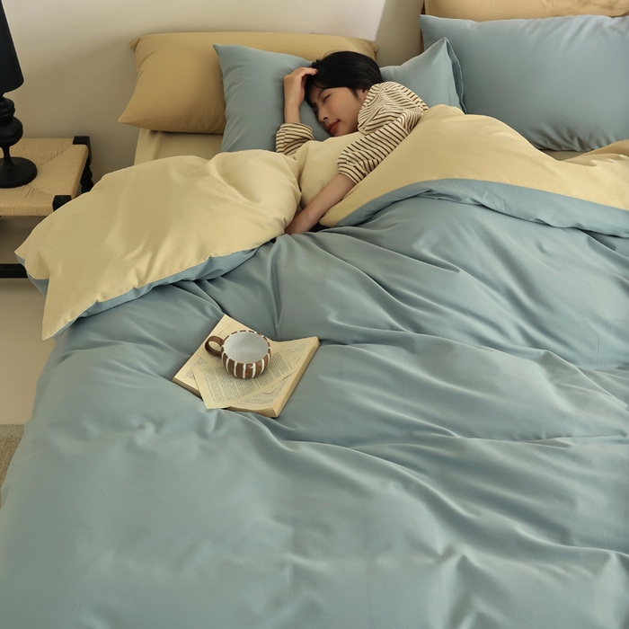 91家纺网 家纺一手货源 找家纺 轩和家居 2024新款50S长绒棉磨毛四件套（控价：179 、229 、249 床笠+10元） 灰蓝+透明黄