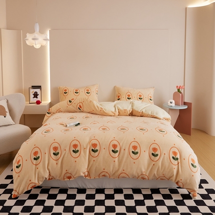 91家纺网 家纺一手货源 找家纺 时光里 2024新款230克牛奶绒印花四件套 郁金香-橘