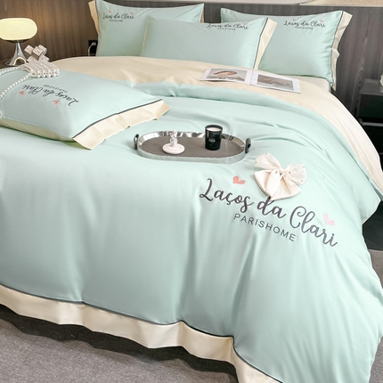 娜娜 2024新款全棉时尚刺绣AB版双拼宽边绣花四件套--蝴蝶结系列 蝴蝶结-繁星蓝+奶昔白