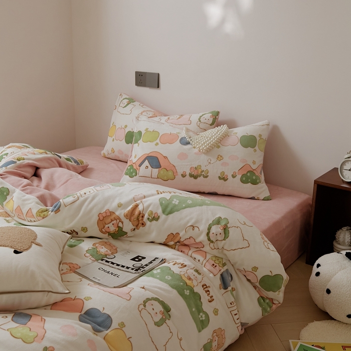 91家纺网 家纺一手货源 找家纺 时光里 2024新款230克牛奶绒印花四件套 萌兔派对