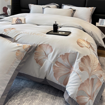 91家纺网 家纺一手货源 找家纺 家居1号 2024新款加厚磨毛刺绣四件套-金银杏 金银杏-绅士灰