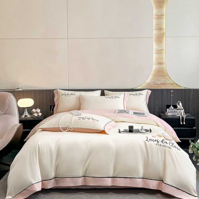 91家纺网 家纺一手货源 找家纺 娜娜 2024新款全棉时尚刺绣AB版双拼宽边绣花四件套--蝴蝶结系列 蝴蝶結-奶昔白+粉