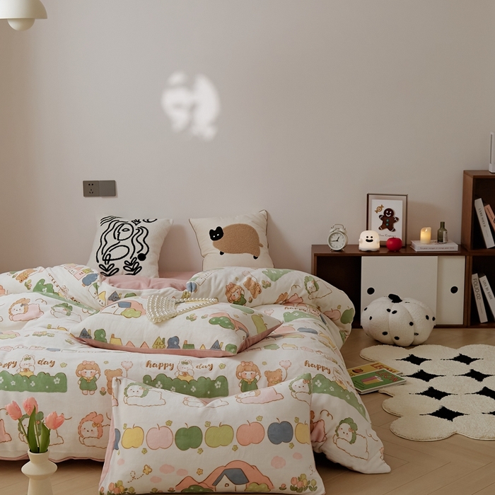 91家纺网 家纺一手货源 找家纺 时光里 2024新款230克牛奶绒印花四件套 萌兔派对