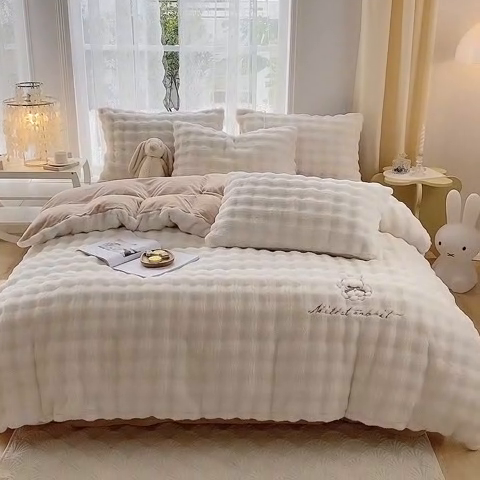 91家纺网 家纺一手货源 找家纺 （总）潮邦创意家居 2025新款牛奶绒小米兔牛奶绒泡泡兔绒牛奶绒保暖四件套（含买家秀）
