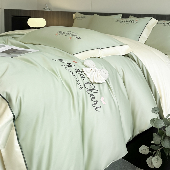 91家纺网 家纺一手货源 找家纺 娜娜 2024新款全棉时尚刺绣AB版双拼宽边绣花四件套--蝴蝶结系列 蝴蝶结-灰绿+奶昔白