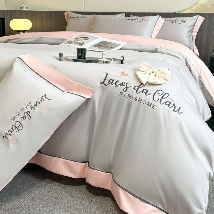 91家纺网 家纺一手货源 找家纺 娜娜 2024新款全棉时尚刺绣AB版双拼宽边绣花四件套--蝴蝶结系列 蝴蝶结-浅灰+粉