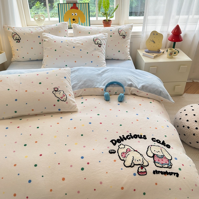 91家纺网 家纺一手货源 找家纺 娜娜 2024新款加厚保暖高克重牛奶绒毛巾绣四件套 牛奶绒许愿兔