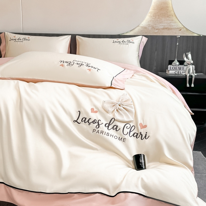 91家纺网 家纺一手货源 找家纺 娜娜 2024新款全棉时尚刺绣AB版双拼宽边绣花四件套--蝴蝶结系列 蝴蝶結-奶昔白+粉