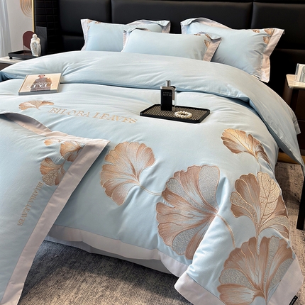 91家纺网 家纺一手货源 找家纺 家居1号 2024新款加厚磨毛刺绣四件套-金银杏 金银杏-温馨蓝