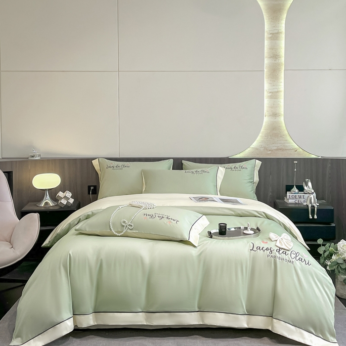 91家纺网 家纺一手货源 找家纺 娜娜 2024新款全棉时尚刺绣AB版双拼宽边绣花四件套--蝴蝶结系列 蝴蝶结-灰绿+奶昔白