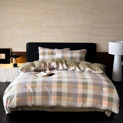 91家纺网 家纺一手货源 找家纺 2024新款仿生羊绒格子四件套-A.cne 雪后橘子海 山野琥珀