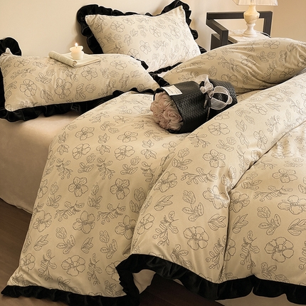 91家纺网 家纺一手货源 找家纺 羚羊语家纺 2024新款轻法式赫本风灯芯绒四件套提花立体韩版花边牛奶绒三件套 南枝