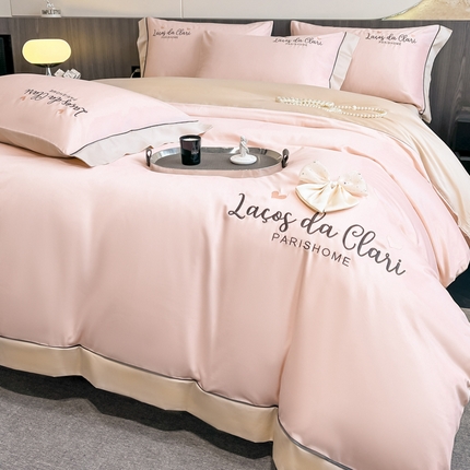 娜娜 2024新款全棉时尚刺绣AB版双拼宽边绣花四件套--蝴蝶结系列 蝴蝶结-粉+奶咖