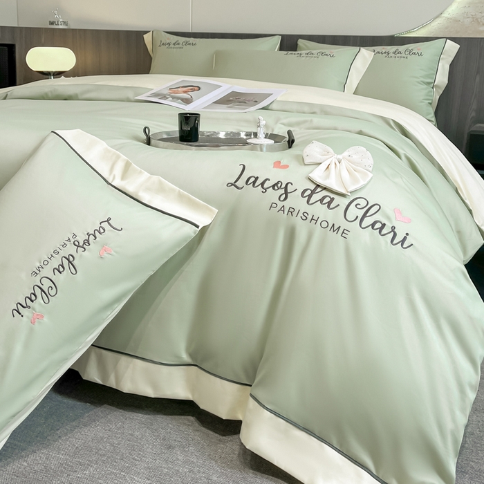 91家纺网 家纺一手货源 找家纺 娜娜 2024新款全棉时尚刺绣AB版双拼宽边绣花四件套--蝴蝶结系列 蝴蝶结-灰绿+奶昔白