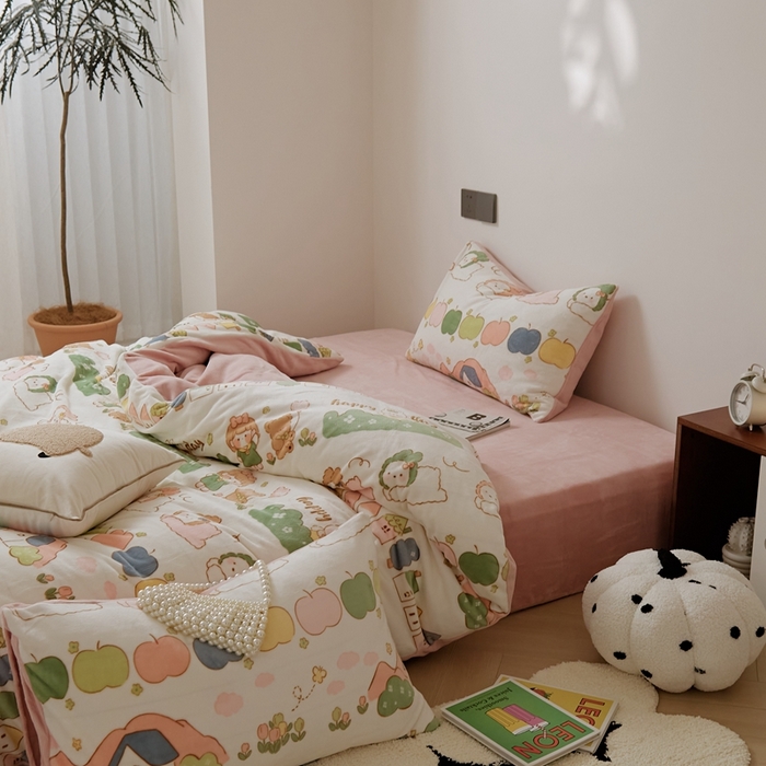 91家纺网 家纺一手货源 找家纺 时光里 2024新款230克牛奶绒印花四件套 萌兔派对