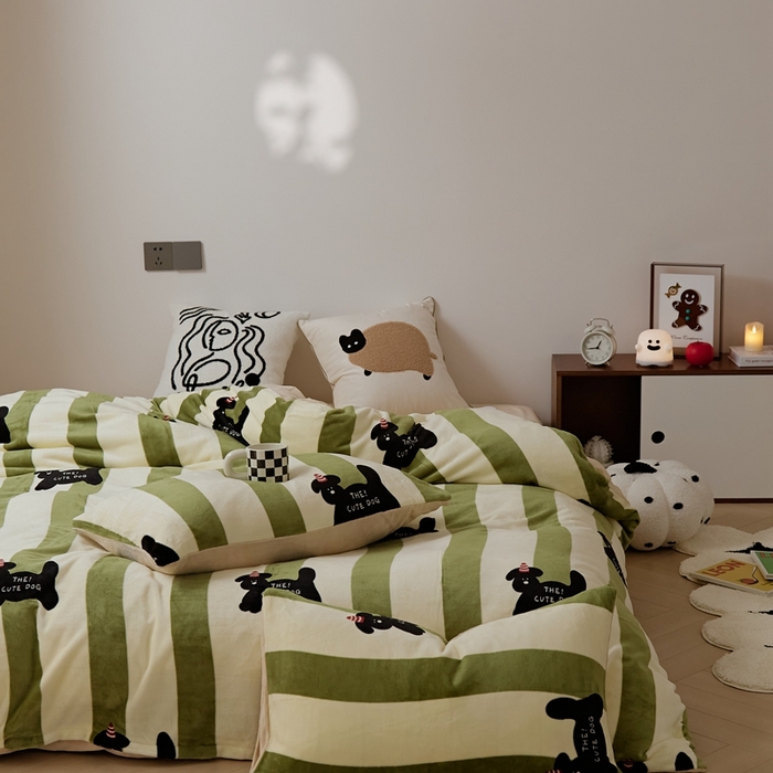 91家纺网 家纺一手货源 找家纺 时光里 2024新款230克牛奶绒印花四件套 煤球狗