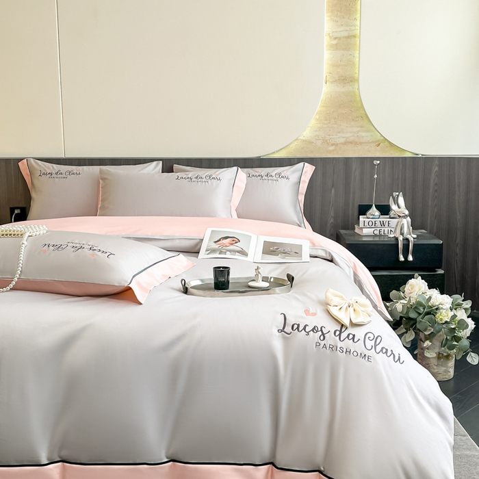 91家纺网 家纺一手货源 找家纺 娜娜 2024新款全棉时尚刺绣AB版双拼宽边绣花四件套--蝴蝶结系列 蝴蝶结-浅灰+粉