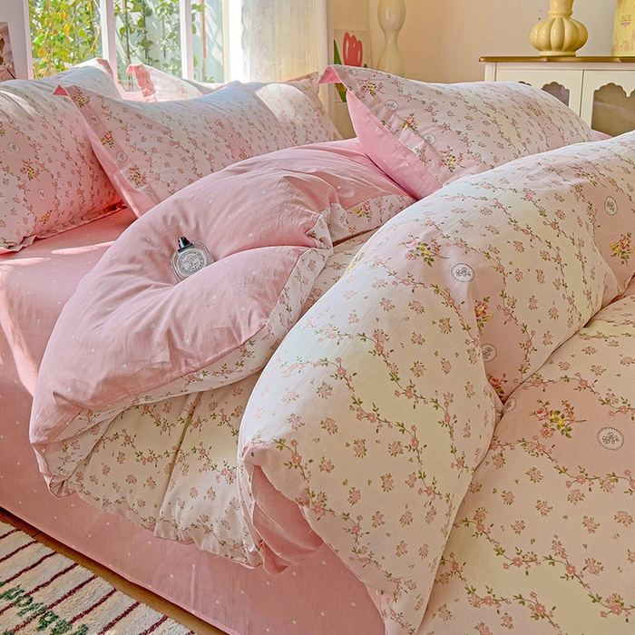 91家纺网 家纺一手货源 找家纺 卡普纯棉全棉四件套13070喷气床单款床笠款三件套 花间赋