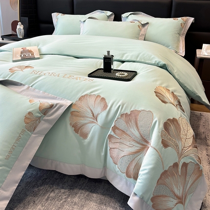 91家纺网 家纺一手货源 找家纺 家居1号 2024新款加厚磨毛刺绣四件套-金银杏 金银杏-苹果绿