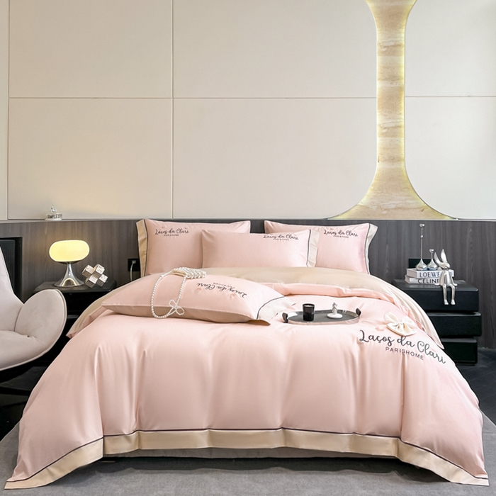 91家纺网 家纺一手货源 找家纺 娜娜 2024新款全棉时尚刺绣AB版双拼宽边绣花四件套--蝴蝶结系列 蝴蝶结-粉+奶咖