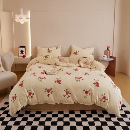 91家纺网 家纺一手货源 找家纺 时光里 2024新款230克牛奶绒印花四件套 觅棠