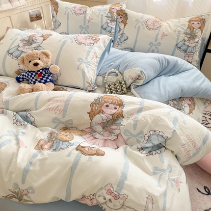 91家纺网 家纺一手货源 找家纺 （总）优承佳生活馆 2024新款小清新洛丽塔风格卡通印花水洗m三件套四件套