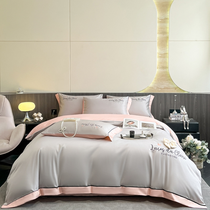 91家纺网 家纺一手货源 找家纺 娜娜 2024新款全棉时尚刺绣AB版双拼宽边绣花四件套--蝴蝶结系列 蝴蝶结-浅灰+粉