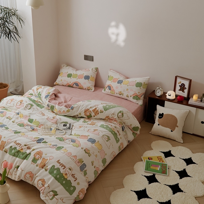 91家纺网 家纺一手货源 找家纺 时光里 2024新款230克牛奶绒印花四件套 萌兔派对