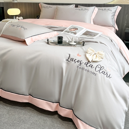 娜娜 2024新款全棉时尚刺绣AB版双拼宽边绣花四件套--蝴蝶结系列 蝴蝶结-浅灰+粉