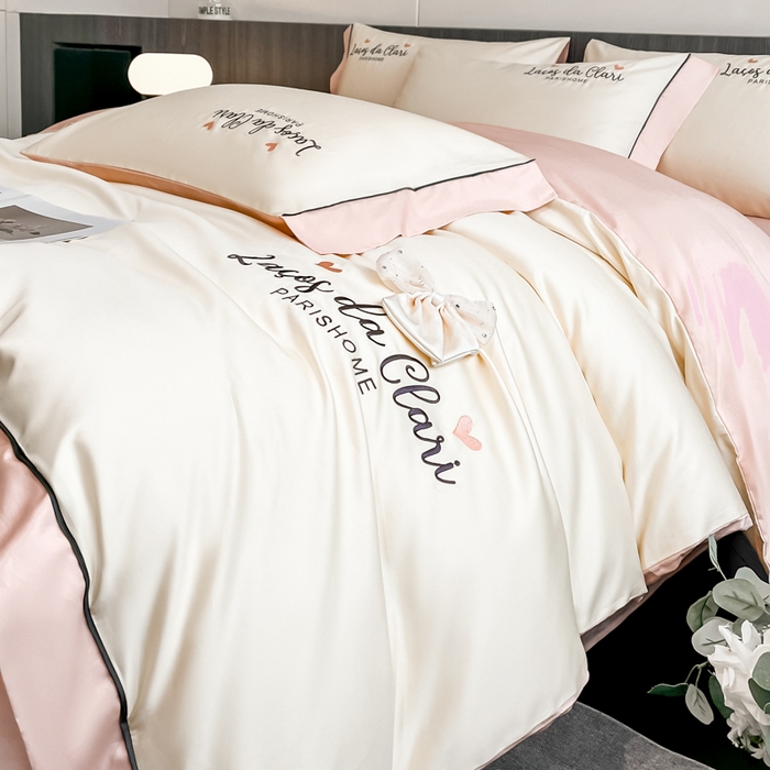 91家纺网 家纺一手货源 找家纺 娜娜 2024新款全棉时尚刺绣AB版双拼宽边绣花四件套--蝴蝶结系列 蝴蝶結-奶昔白+粉