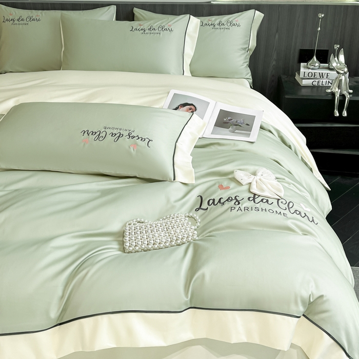 91家纺网 家纺一手货源 找家纺 娜娜 2024新款全棉时尚刺绣AB版双拼宽边绣花四件套--蝴蝶结系列 蝴蝶结-灰绿+奶昔白